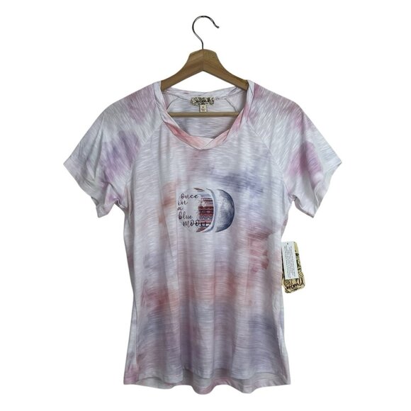 One World Tee Size Medium Tie Dye Graphic Twist Neckline "Once in a Blue Moon" - Picture 2 of 7